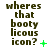 six identical text-based images with brown pixelated letters spelling 'wheres that booty licous icon?' and small green symbols below the question mark