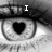 Black-and-white close-up of a human eye with heart-shaped pupil, displaying text "I See Love" across four