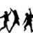 Three black silhouettes of human figures in dynamic poses against a white background, with one figure holding hands with another.