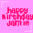 Pixelated pink background with repeated red text 'happy birthday jamie' and white star outlines in a pattern
