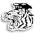 Black and white pixelated icon with abstract shapes and a central circular form, featuring a dark top section and lighter lower section.