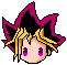 Pixel art head with spiky pink and black hair, yellow strands, purple eyes; three expressions: neutral, smiling, closed eyes.