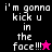 Pixelated text 'i'm gonna kick u in the face!!!' with star symbols on black, magenta, and pink backgrounds.