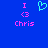 Blue background with pink text 'I <3 Chris' on both sides and a cyan heart symbol in the center.