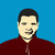 Pixelated portrait of a person with short dark hair, light skin, and a red collared shirt against a solid blue background.