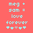 Pixelated cyan text and symbols on coral background with two identical static frames showing 'meg + sam = love forever' and five symbols including two light blue, one gray, and two light blue hearts.