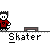 Pixel art character in red shirt and black shorts performing skating actions on gray background with brown platforms.