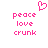 Pixelated pink text and a heart symbol on white background, with 'peace', 'love', 'crunk' repeated in two