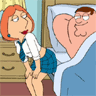 Animated cartoon scene showing a woman with red hair in a white shirt and blue skirt leaning over a man lying under a blanket, with changing facial expressions across frames.