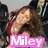 A four- shows a woman with brown hair in various poses, overlaid with pink text labels reading 'Cyrus', 'Miley', '7 Things', and 'Breakout'