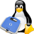 Pixelated penguin with black head, white body, yellow beak and feet holds blue object with white circular symbol on gray background.