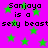 Static image with bright pink background, green stars, and repeated text 'Sanjaya is a sexy beast' in black pixelated font.