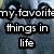 A static image with text listing favorite things, featuring a repeating pattern of stylized eyes and spirals in blue-gray tones.