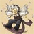 Pixelated figure in dark clothing with white accents, arms raised, surrounded by light-colored particles on a beige background.