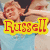 A pixelated image of a person in a light blue shirt with arms raised, overlaid with a yellow and red 'Russell' text block.