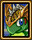 Green cartoon dragon with blue eyes and red cheek marks wears ornate golden helmet with silver spikes, framed in gold border against blue dotted background.