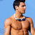 Static pixelated image of a shirtless male figure with dark hair wearing a blue bow tie against a solid light blue background.
