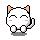 Two static pixel art frames of a white cat-like mascot with peach ears, pink cheeks, and black outlines on gray background.