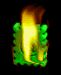 Green square icon with serrated edges and a spiral symbol, animated flame effect moves across the icon in