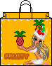 Pixelated yellow shopping bag with black handle, featuring a blonde woman in white bikini holding pineapple, wearing Santa hat with fruit, and 'FRUTTY' text below.