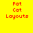 Four pixelated display red text 'Fat Cat Layouts' on solid yellow, green, blue, and green backgrounds