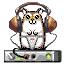 Pixelated hamster wearing brown headphones, standing behind a gray audio mixer with green and red lights.