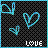 six blue-outlined heart shapes on a black checkered background with white text labels beneath each section