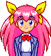 Pixel art character with pink hair and yellow ears in two poses: one neutral, one winking with a peace sign.
