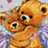 Two pixelated orange-brown teddy bears with black eyes and noses, one slightly behind the other, against a light gray background with scattered purple and blue pixels.