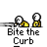 Animated contact sheet of a pixel art buddy icon showing sequential frames of two stick figures interacting with red splatter effects, labeled "Bite the Curb" text below each frame on gray background.