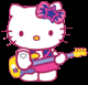 Hello Kitty character with pink bow, yellow nose, and pink dress holding yellow electric guitar against black background.