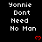 Black background with white pixelated text reading 'Yonnie Dont Need No Man' repeated in three , each with a red pixelated heart below the text