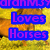 Pixelated image with blue text boxes containing 'Loves' and 'Horses' over a yellow and orange background with partial purple text at the top.