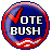 A pixelated contact sheet showing two frames of an animated AIM buddy icon with a 'VOTE BUSH' button design on the left and green text reading 'Original Icons .com' on the right against a dark background.