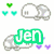 Pixelated icons display 'Jen' text in green, blue, and red with heart symbols and skull-crossbones motifs on white backgrounds.