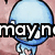 Blue cartoon character with large head and small body, pixelated style on pink background with text overlays.