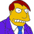 Pixelated cartoon character with yellow skin, red hair, purple jacket, blue tie, and white shirt, showing a strained expression with gritted teeth.