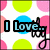 Pixelated icon with colorful polka dots, text reading "I Love..." and "Shopping" in green, white hearts on pink background.