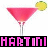 Pixelated martini glass with pink liquid and lime garnish, displaying three color variations of the word 'MARTINI' below.