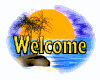 A circular icon with a tropical sunset scene featuring palm trees, an orange sun, blue water, and the word "Welcome" in yellow text.
