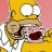 Pixelated cartoon character with yellow hair and white eyes, mouth open in a wide grin showing red interior, wearing white shirt with yellow sleeves against pink background.