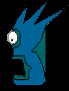 Blue cartoon character with spiky hair, white eye with black pupil, and red mouth opening in a pixelated animation sequence.