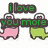 Animated icon shows pink and green dinosaurs with thought bubbles containing hearts, transitioning from text overlays to a static pose.