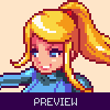 Pixel art character with blonde ponytail in blue suit, holding purple weapon against light background.