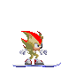 Pixelated character with red spiky hair and green body stands on blue snowboard against gray background, performing animation sequence.
