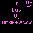 Pixelated pink text and heart symbol on black background, with identical left and right sides showing 'I Luv U.' and 'Andrew<33' in a static layout.