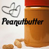 A jar of peanut butter with a red lid, two peanuts, and a heart-shaped hand-drawn symbol above the word 'Peanutbutter' in bold black text.
