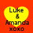 Yellow heart-shaped icon with black text "Luke & Amanda xoxo" on red background, showing pixelated animation changes