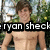 Pixelated image of a shirtless person with brown hair standing outdoors, overlaid with black text reading 'ryan sheek' in white letters.