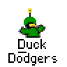 Four 2x2 grid frames of a pixelated green duck mascot with yellow beak and antenna, wearing a green outfit, standing against gray background with "Duck Dodgers" text below each frame.